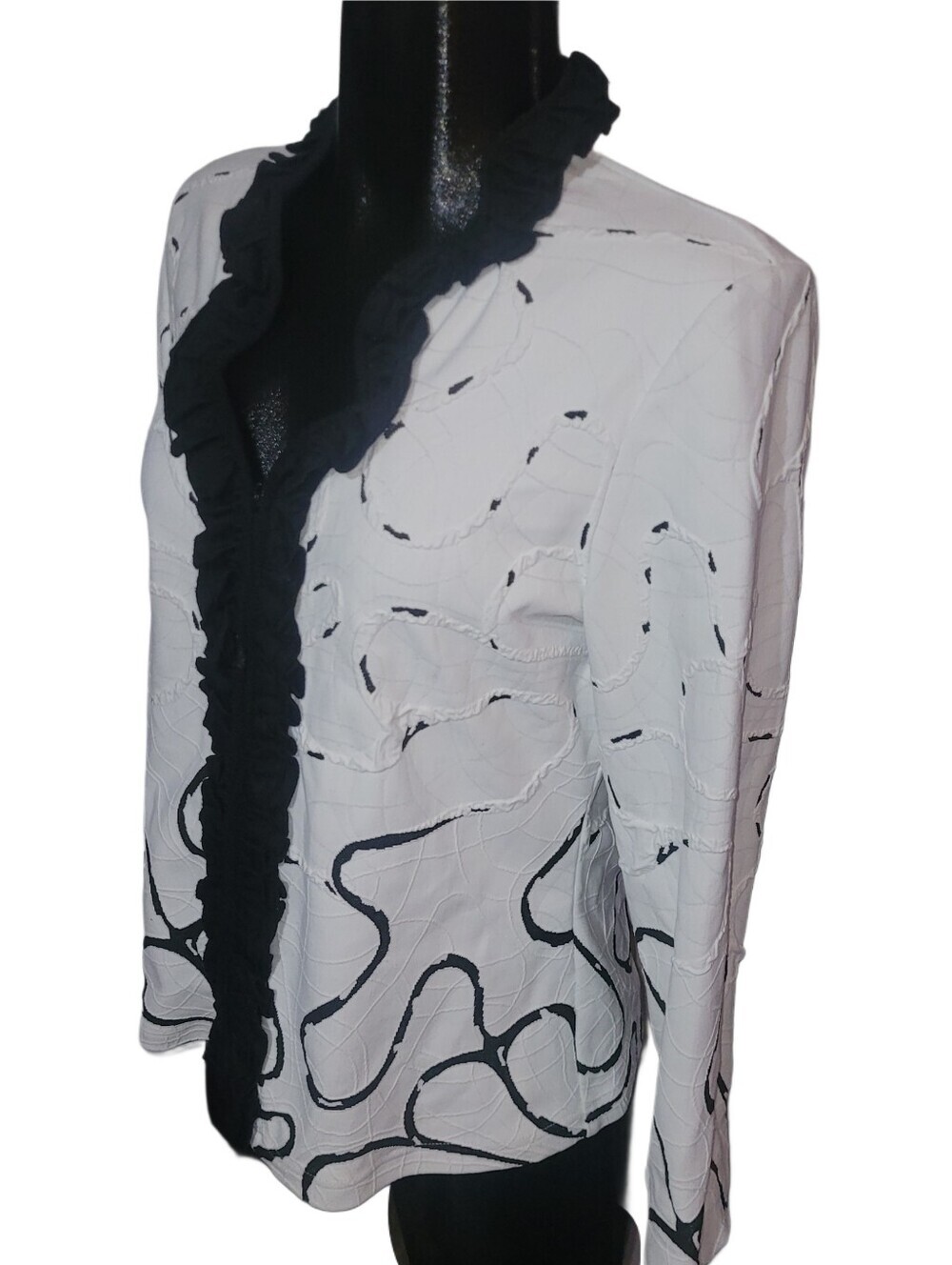 Ravel Y2K White Ruffle-Trim Blazer Jacket with Black Abstract Detail Size L - Picture 4 of 7